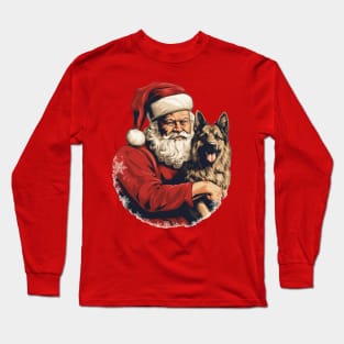 Merry Christmas Retro Santa Claus Hug German Shepherd Puppy Long Sleeve T-Shirt